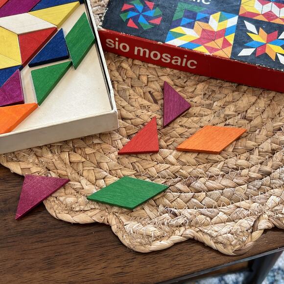 Vintage Wooden Sio Mosaic Puzzle Pieces & Box Creative Imagination Building - Picture 4 of 9